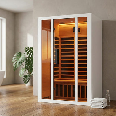 2 Person Extendable FAR Infrared Sauna for Home, Hemlock Wood Low EMF 6 Carbon Heaters Indoor Saunas with LED Lights, Bluetooth Speaker, Digital Control Panel, and Seating Bench