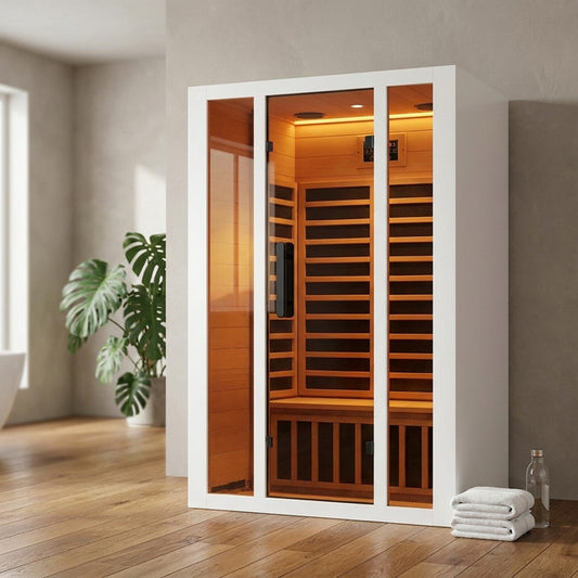 2 Person Extendable FAR Infrared Sauna for Home, Hemlock Wood Low EMF 6 Carbon Heaters Indoor Saunas with LED Lights, Bluetooth Speaker, Digital Control Panel, and Seating Bench — Studio Shot