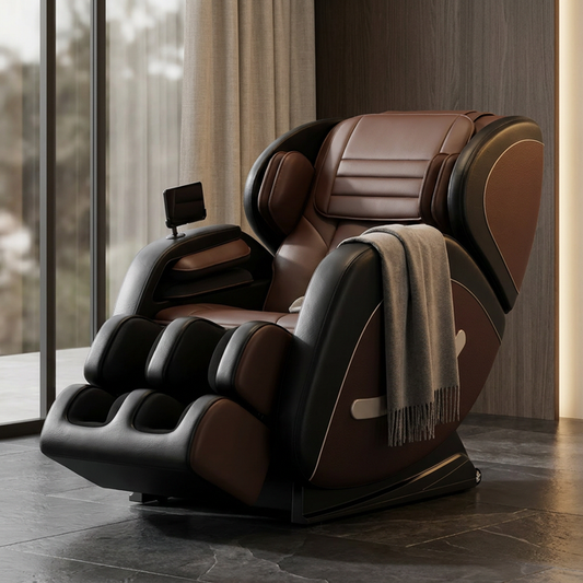 Full Body Massage Chair Recliner with Zero Gravity,  Leather Massage Chair with Air Pressure, 8 Massage Fix Rollers, Heating, Airbag, Bluetooth, Retractable Footrest for Relaxion, Brown+Black — Studio Shot