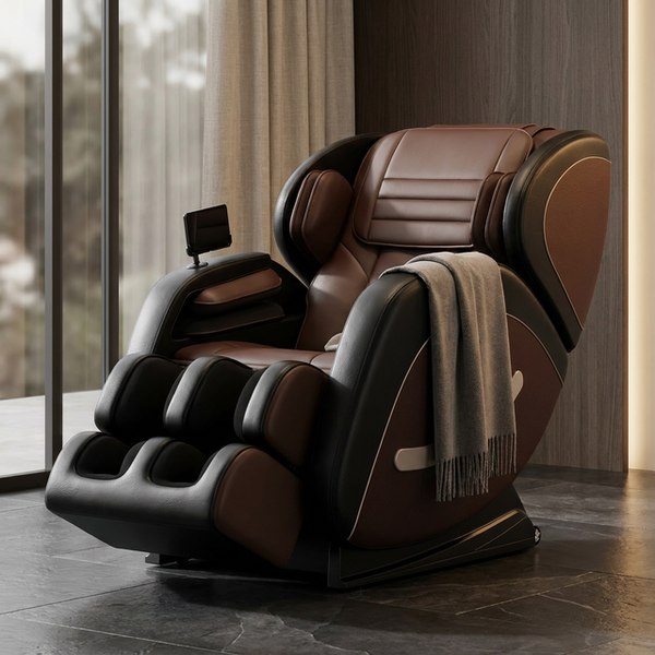 Full Body Massage Chair Recliner with Zero Gravity,  Leather Massage Chair with Air Pressure, 8 Massage Fix Rollers, Heating, Airbag, Bluetooth, Retractable Footrest for Relaxion, Brown+Black — Studio Shot